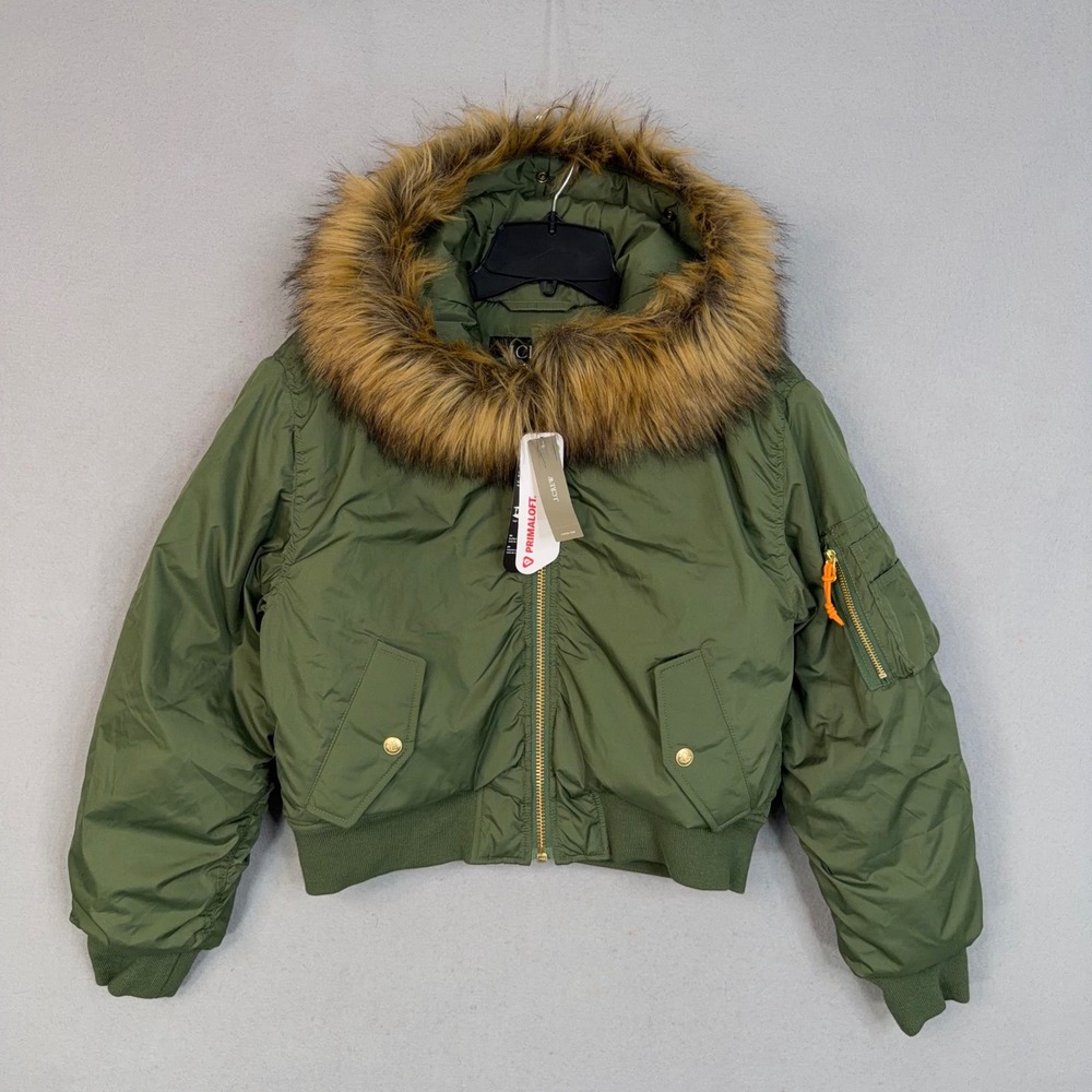 J.Crew Jacket Womens XS Green Primaloft Faux Fur Hood Flight Bomber Puffer